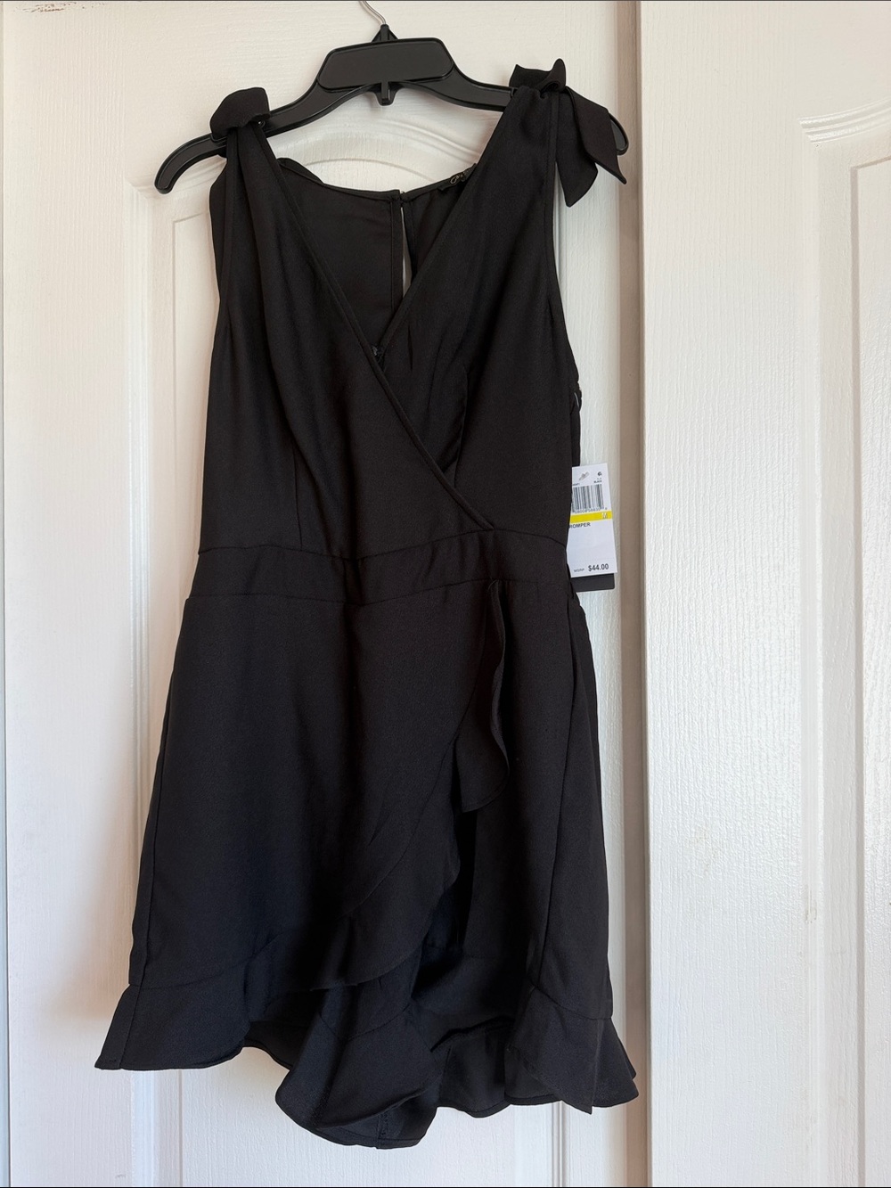 City Studio Black Tie-Shoulder Ruffle Romper